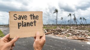 Hands holding a wooden sign reading Save the planet in front of a devastated forest after environmental destruction caused by climate change